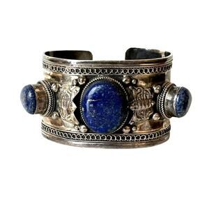 Vintage Sterling Silver & Lapis Lazuli Cuff Bracelet – 1970s Tribal Revival, 96g